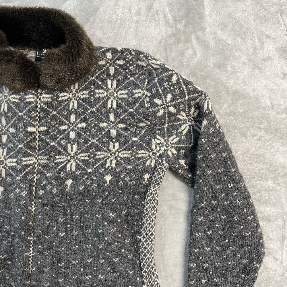 VTG Maurices Womens M Nordic Fair Isle Lambswool Blend Zip Cardigan Fur Collar - Picture 2 of 15